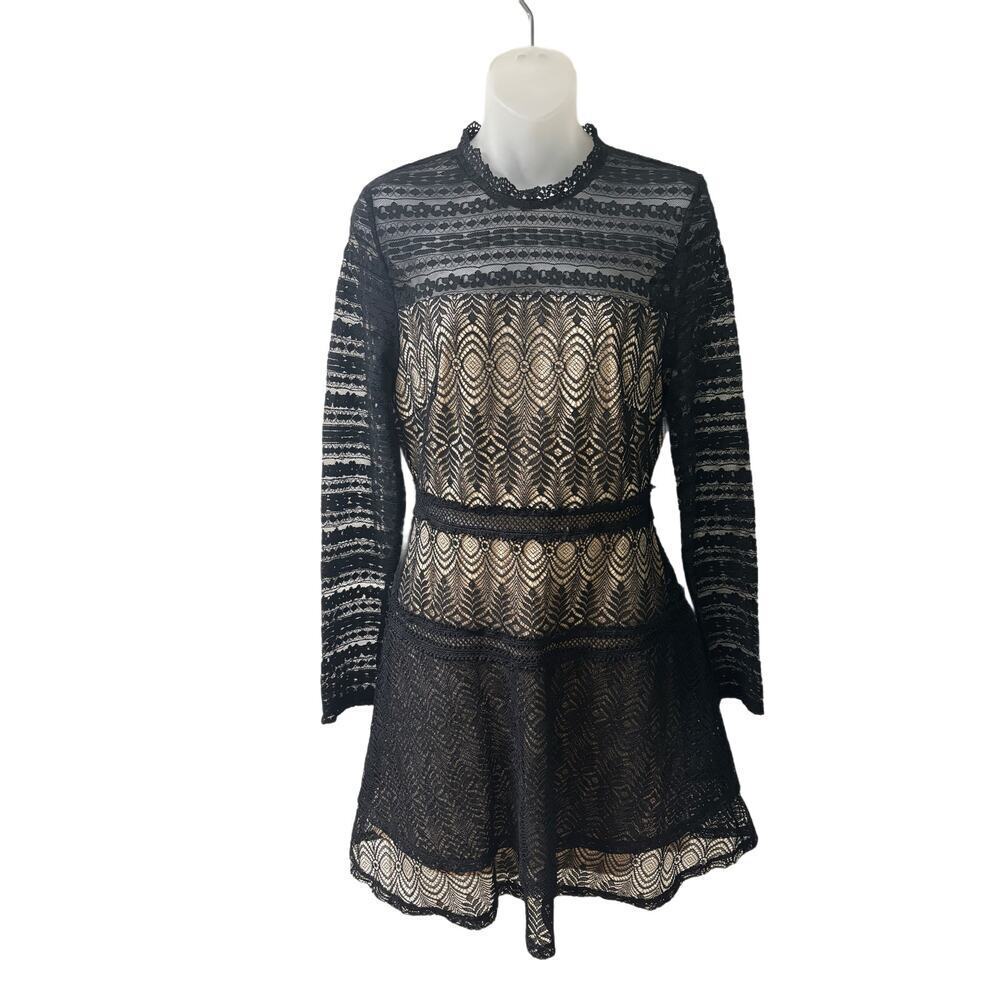 Lace overlay black long sleeve cocktail dress Francesca’s sz 6 whimsygoth prom